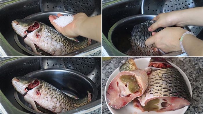 Bạn dùng muối hột chà sát vào thân cá sẽ nhanh chóng loại bỏ nhớt cũng như mùi tanh của cá trắm đen